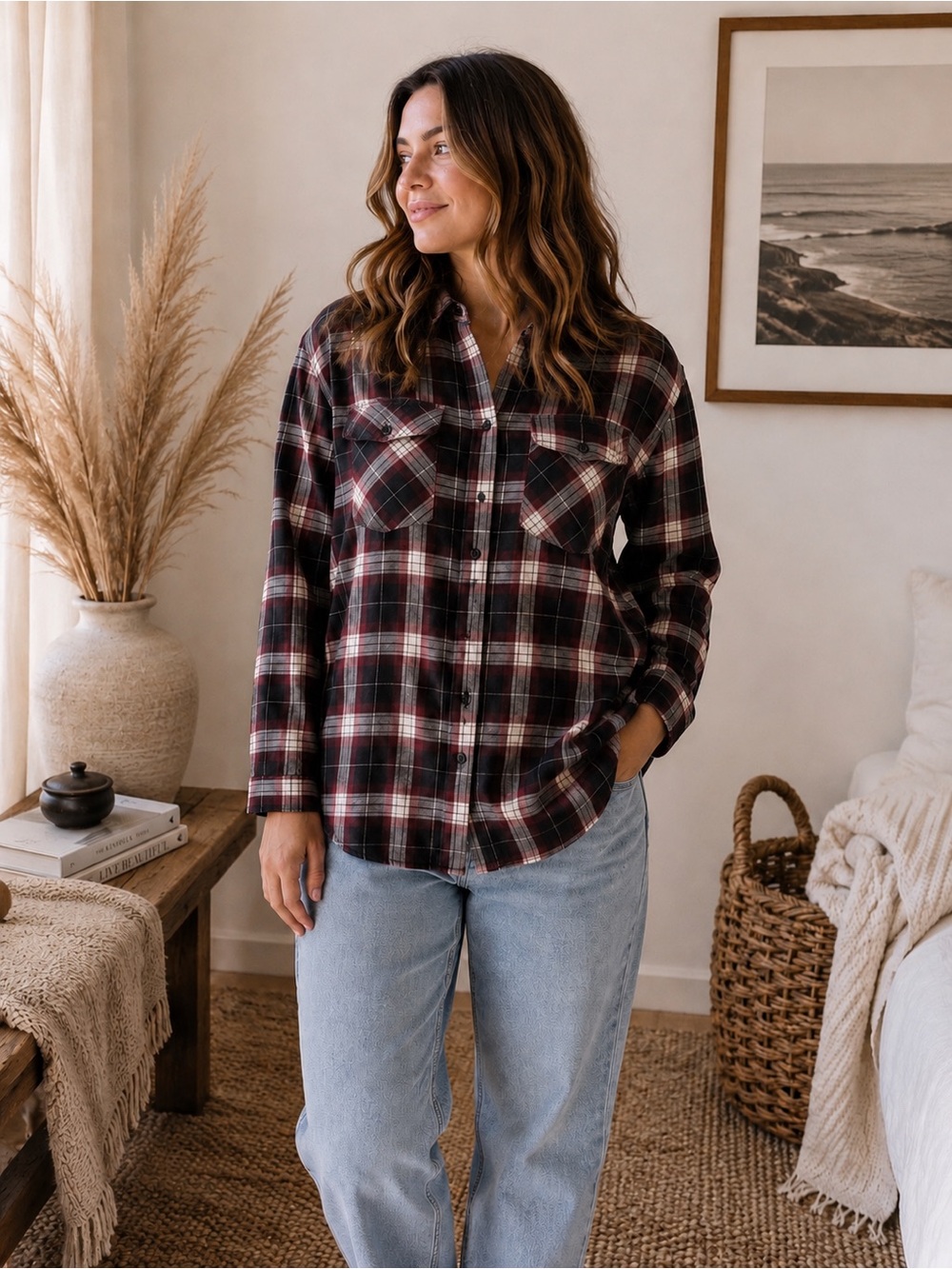 Plaid Button-Up Shirt in Burgundy & Black size large